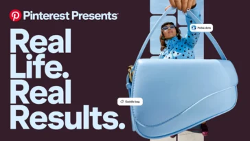 Pinterest Presents ad featuring a blue backpack and a person in a blue polka-dot jacket reaching forward, with the large text 'Real Life Results' on a dark background.