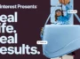 pinterest-ads – mobile marketing reads Pinterest Presents ad featuring a blue backpack and a person in a blue polka-dot jacket reaching forward, with the large text 'Real Life Results' on a dark background.