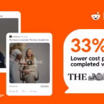 reddit-15-second-engaged-video-views – mobile marketing reads Infographic showing 33% lower cost per completed view with The Times logo on an orange background, flanked by two social post previews.