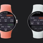 Two smartwatches show flight boarding information: SFO → LHR with gate B22, seat 14A, time 14:35; coral band on left.