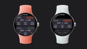 Two smartwatches show flight boarding information: SFO → LHR with gate B22, seat 14A, time 14:35; coral band on left.