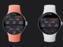 Two smartwatches show flight boarding information: SFO → LHR with gate B22, seat 14A, time 14:35; coral band on left.