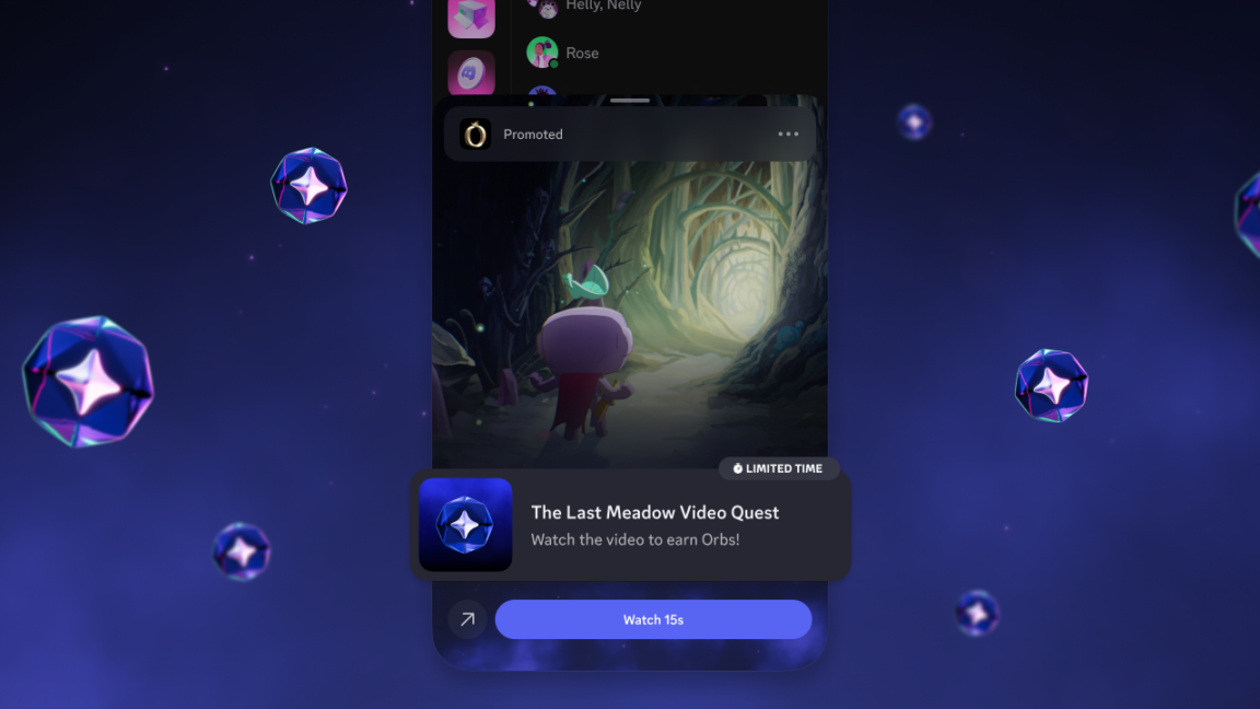 Smartphone screen with a promoted card for 'The Last Meadow Video Quest' over a dark forest video, purple background.