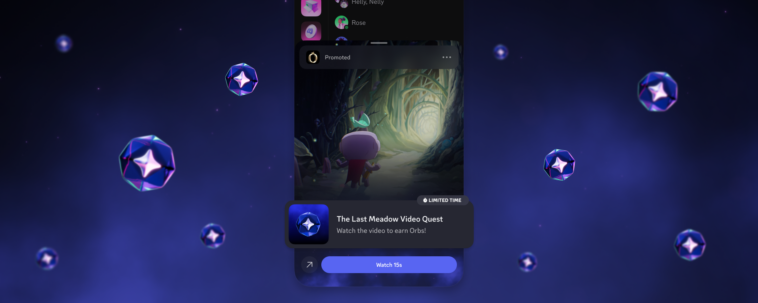 Smartphone screen with a promoted card for 'The Last Meadow Video Quest' over a dark forest video, purple background.